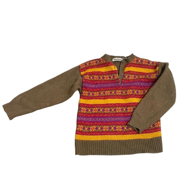 Vintage Claude Vernet Sweater Womens Size L Red Tan Green Fair Isle Wool - Picture 1 of 4